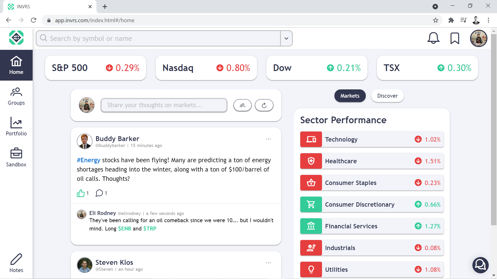 Screenshot of the INVRS home page, including the social feed and stock market data